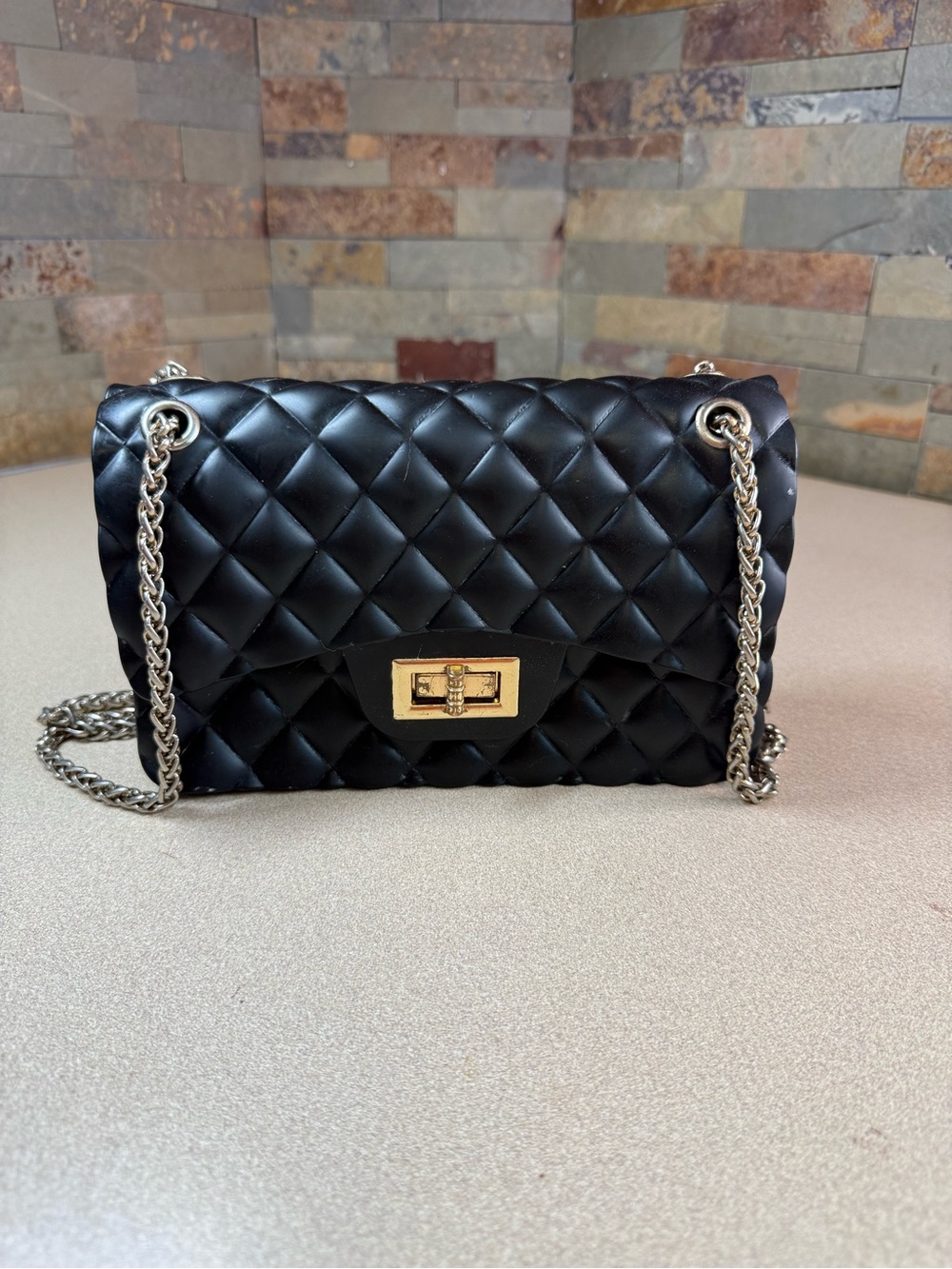 Quilted Black Shoulder Bag with Gold Turn-Lock